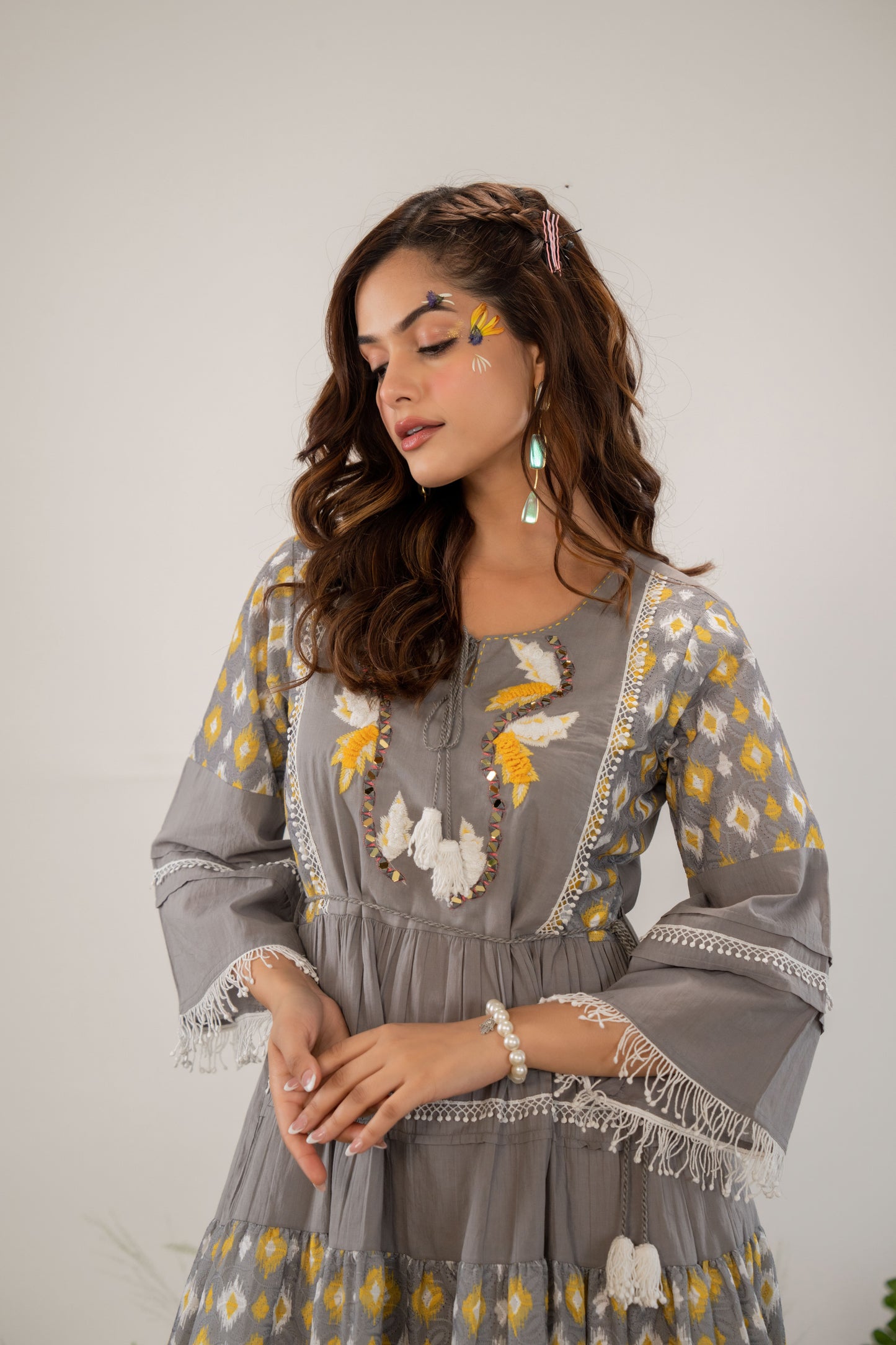 Grey Blossom Embroidered Pure Cotton Short Dress