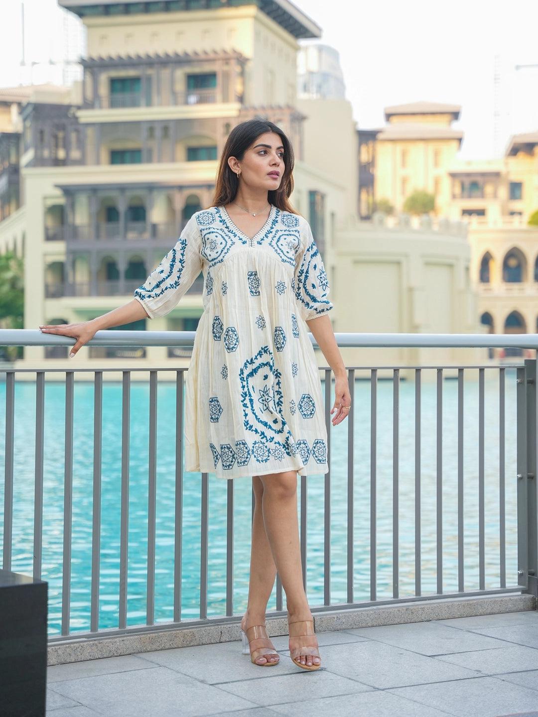 Whispers of Elegance: Women’s Off-White Embroidered Thread Work Short Dress निवारा (NIVARA)