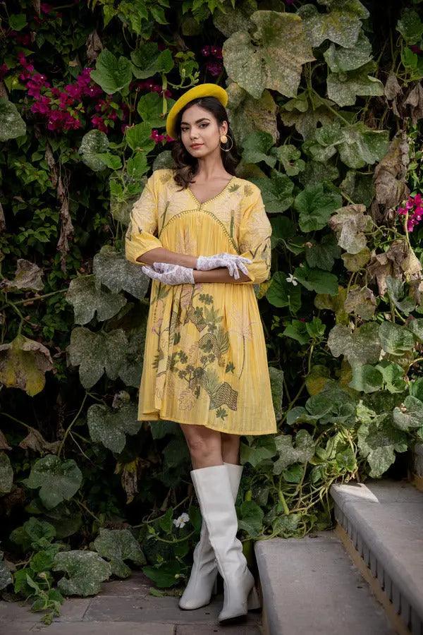 Honeydew Elegance: Embroidered Yellow Cotton Summer Dresses - निवारा (NIVARA)