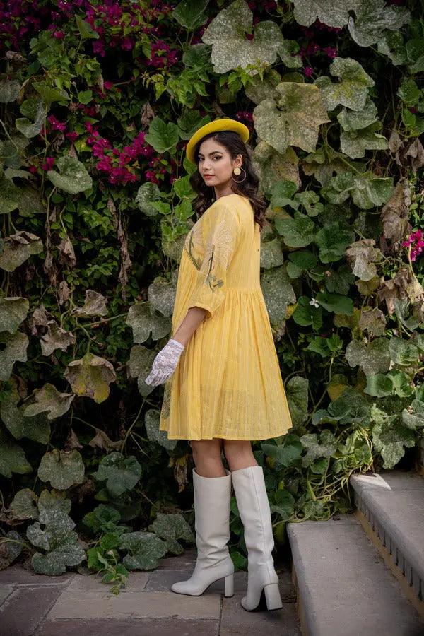 Honeydew Elegance: Embroidered Yellow Cotton Summer Dresses - निवारा (NIVARA)