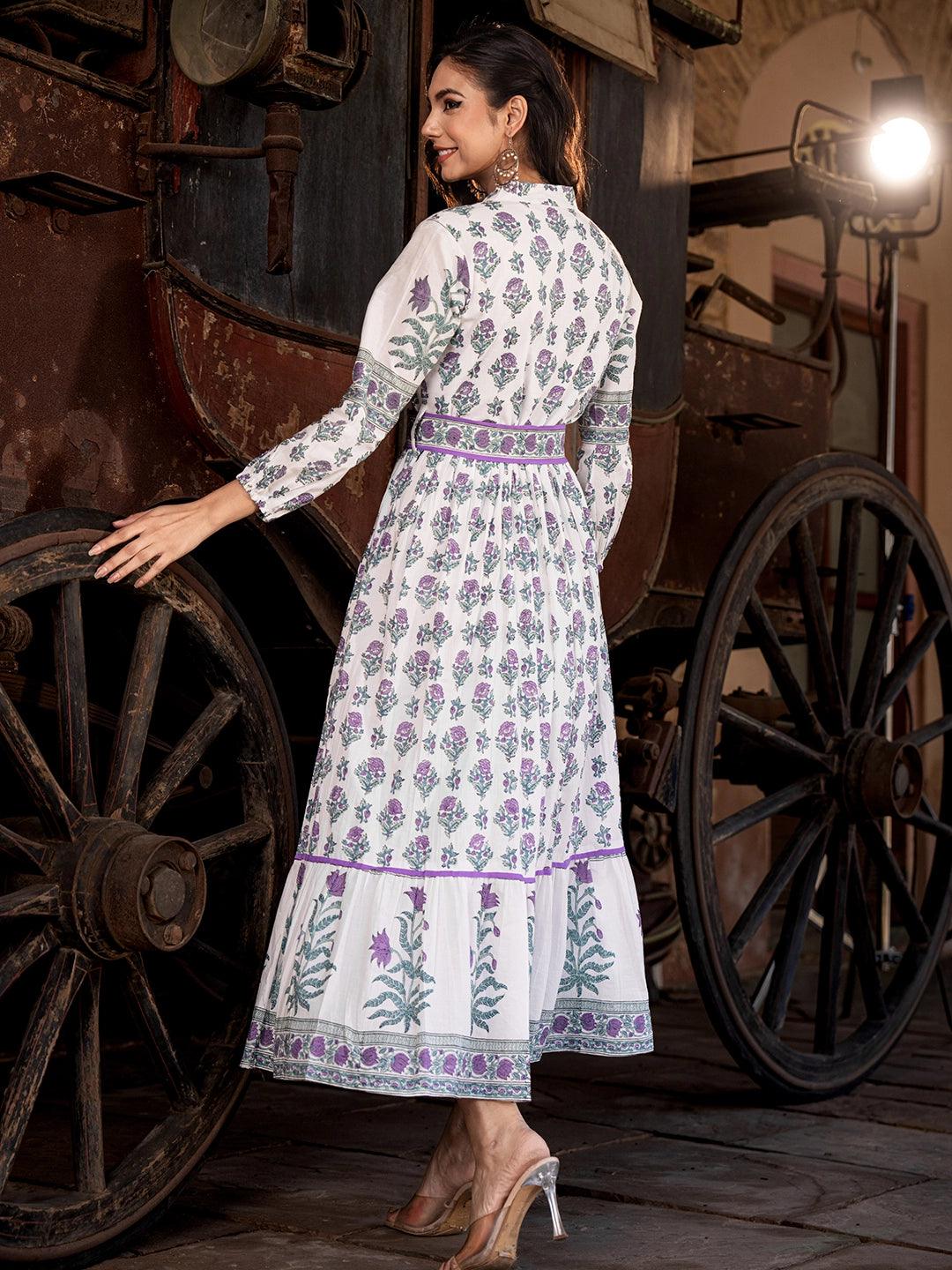 Women’s Purple Mystic Garden: Printed Cotton Long Gown निवारा (NIVARA)