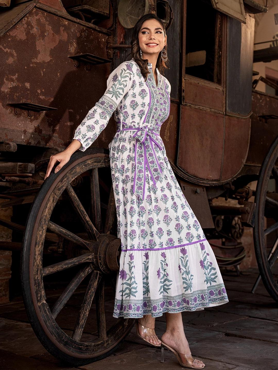 Women’s Purple Mystic Garden: Printed Cotton Long Gown निवारा (NIVARA)