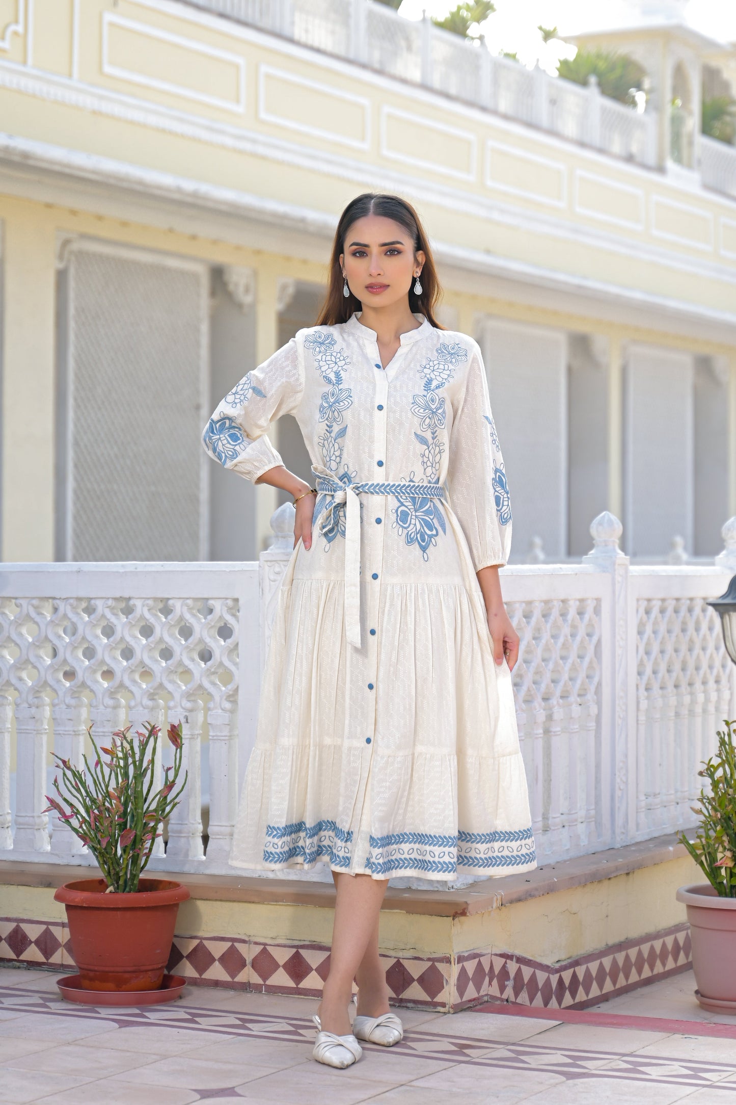 Blue Garden Embroidered Cotton Dress