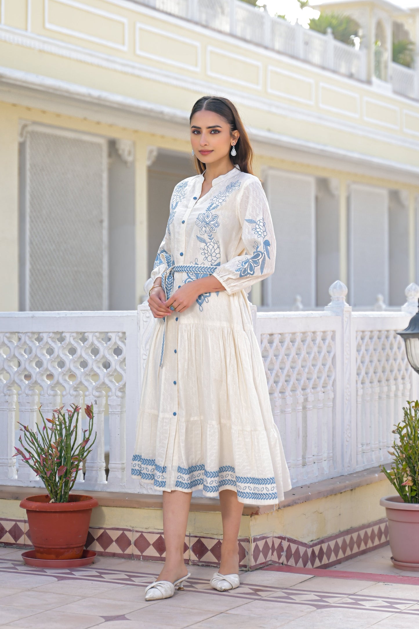 Blue Garden Embroidered Cotton Dress