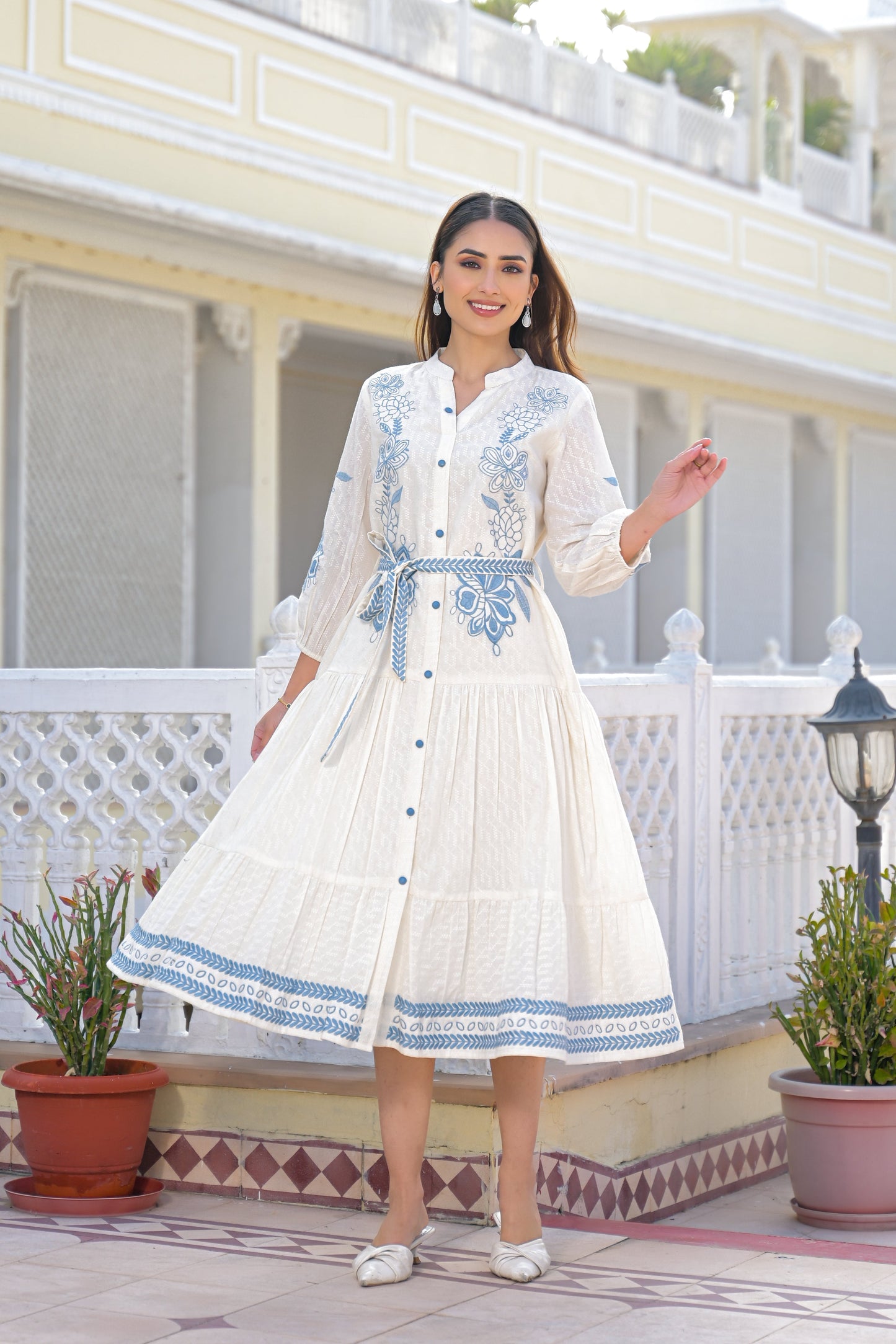 Blue Garden Embroidered Cotton Dress