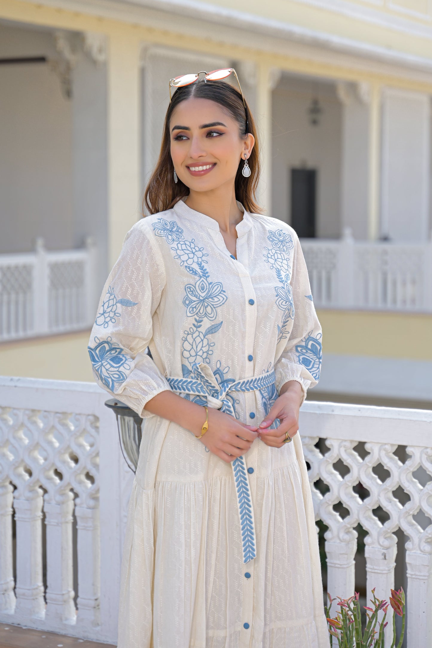Blue Garden Embroidered Cotton Dress