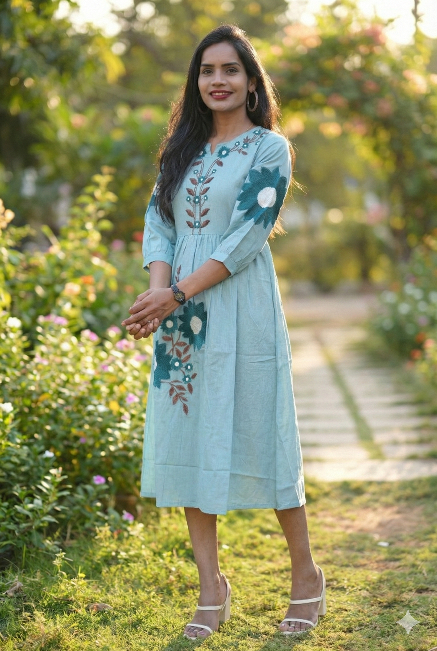 Aqua Bloom Hand-Embroidered Cotton Midi Dress