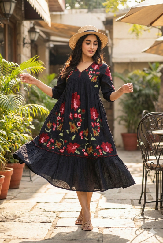 Midnight Meadow Hand-Embroidered Dress