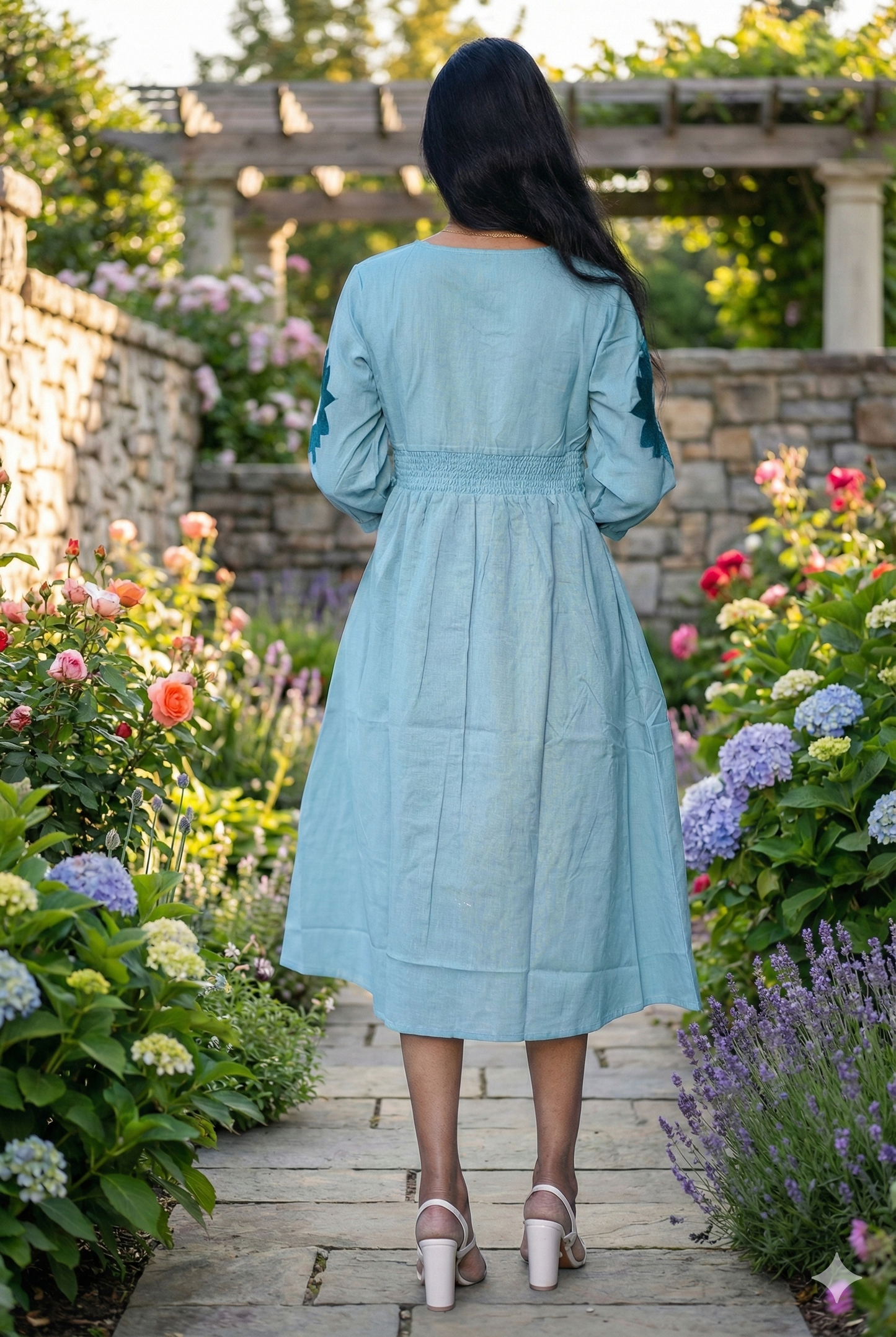 Aqua Bloom Hand-Embroidered Cotton Midi Dress