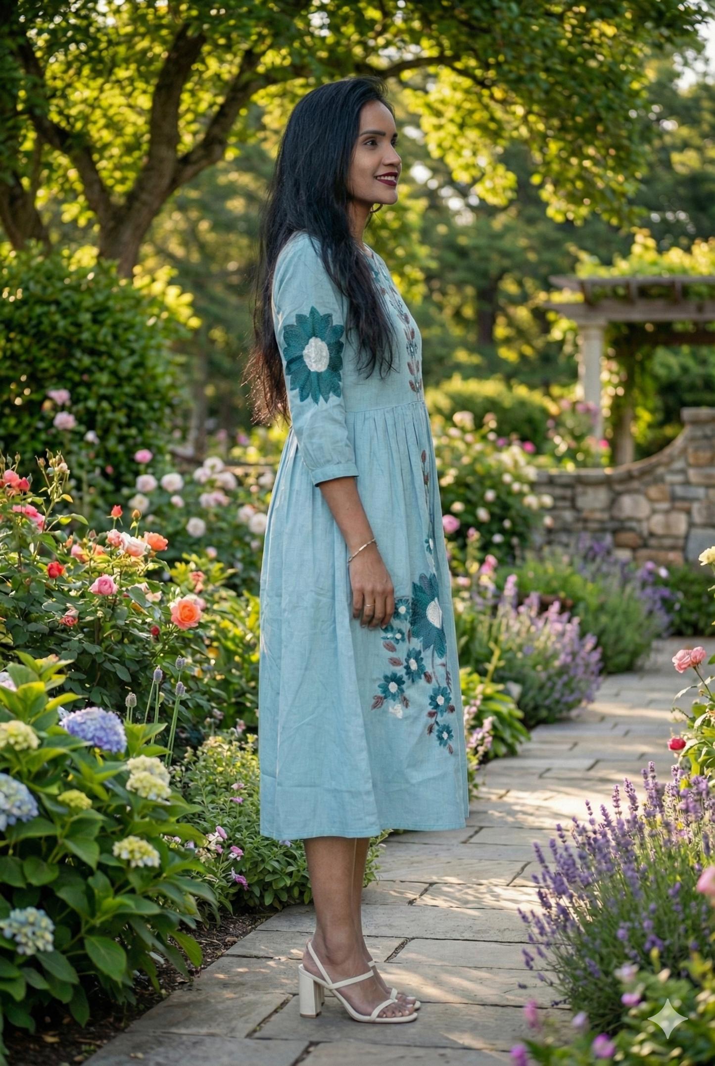 Aqua Bloom Hand-Embroidered Cotton Midi Dress