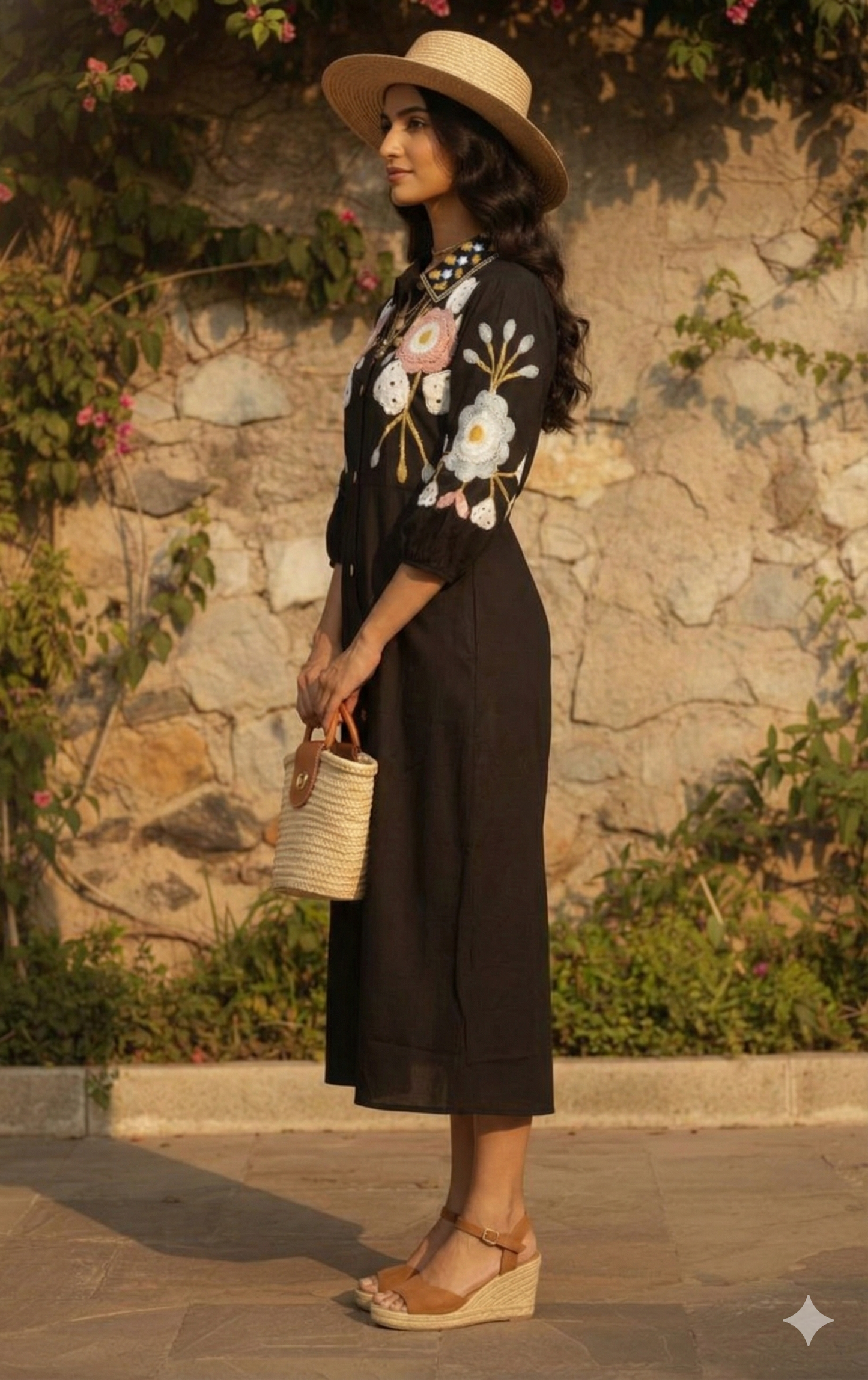 Noir Garden Luxe Embroidered Midi Dress