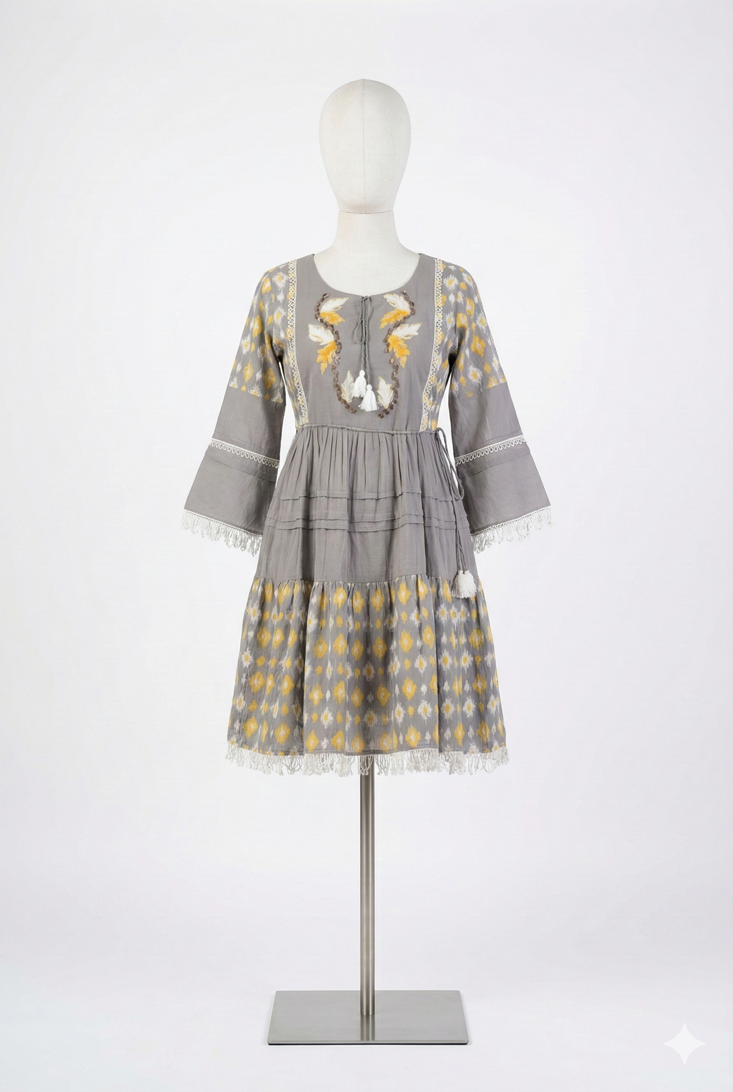 Grey Blossom Embroidered Pure Cotton Short Dress
