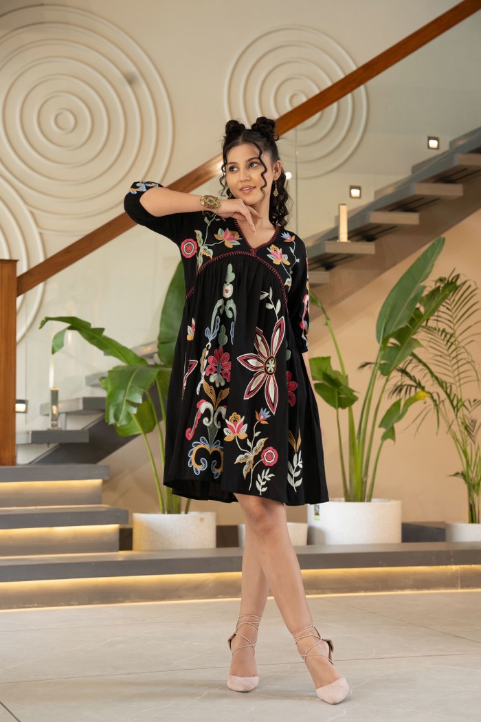 Vibrant Floral Embroidered Black Dress: Elegant Design – निवारा (NIVARA)
