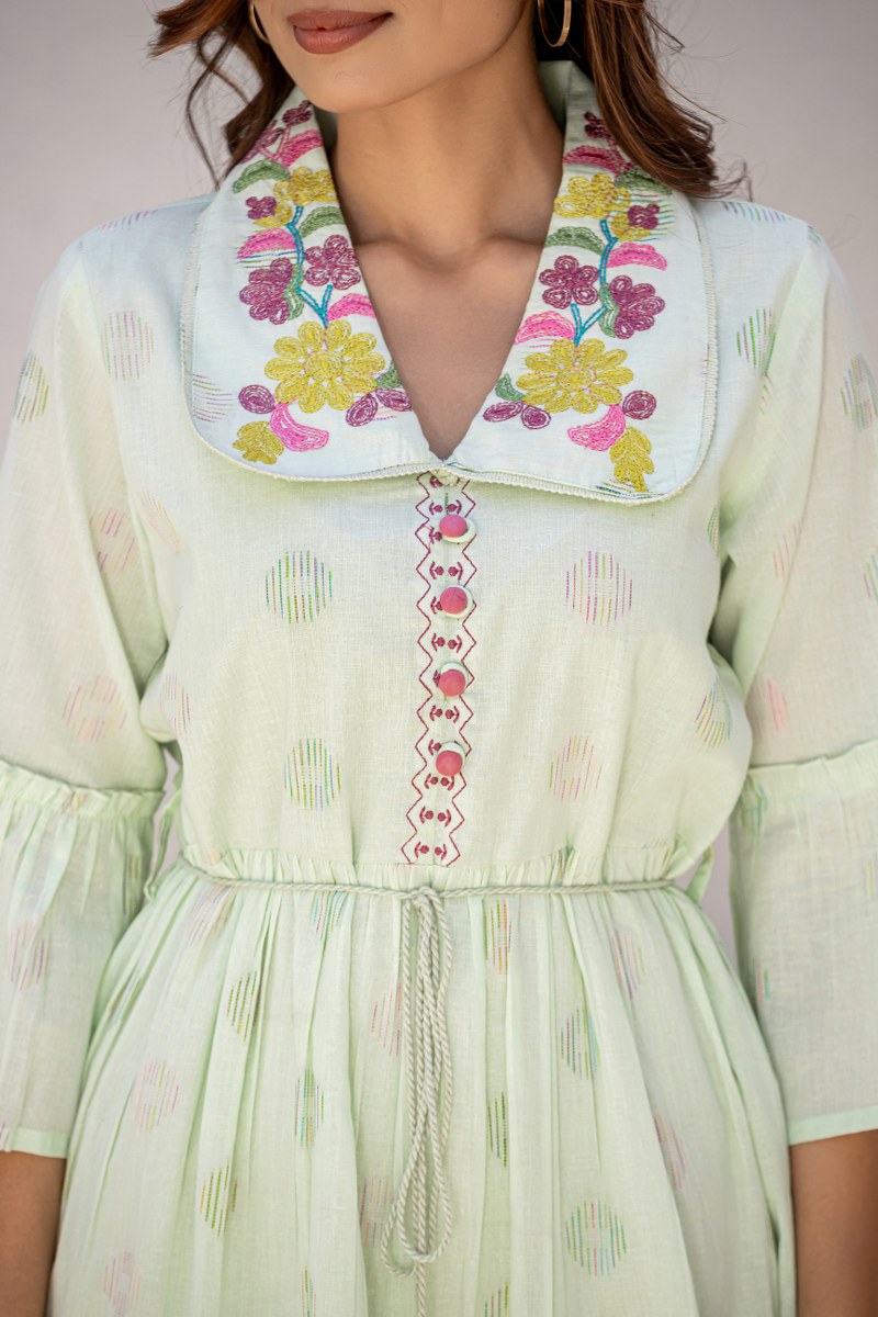 Green Aura Twirl Embroidered Short Dress