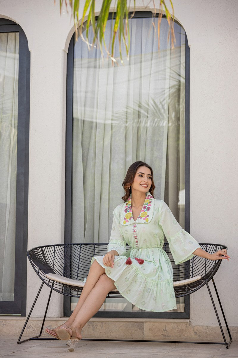 Green Aura Twirl Embroidered Short Dress