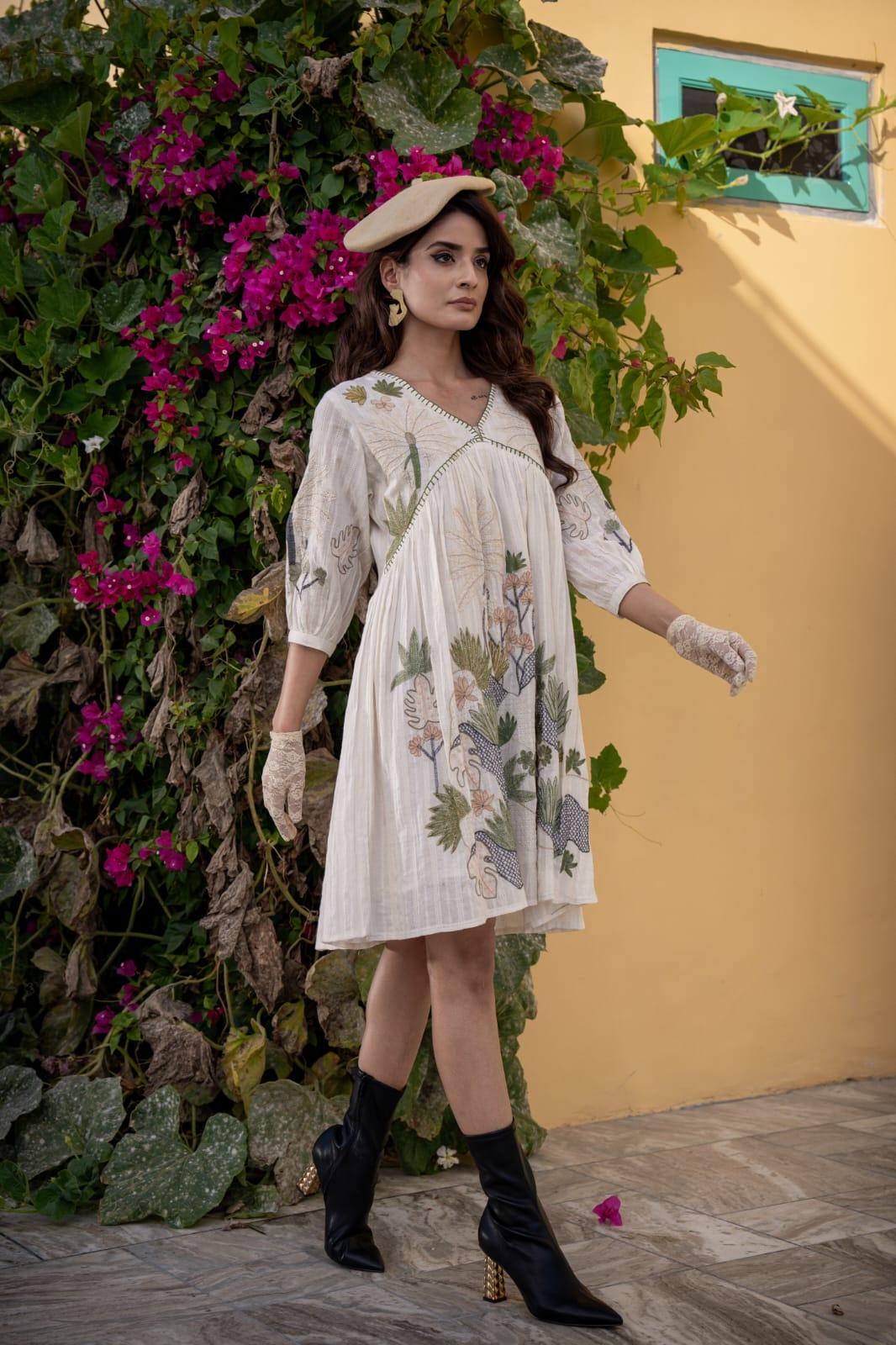 Whispers of Spring: The Blossom Elegance Midi Dress निवारा (NIVARA)