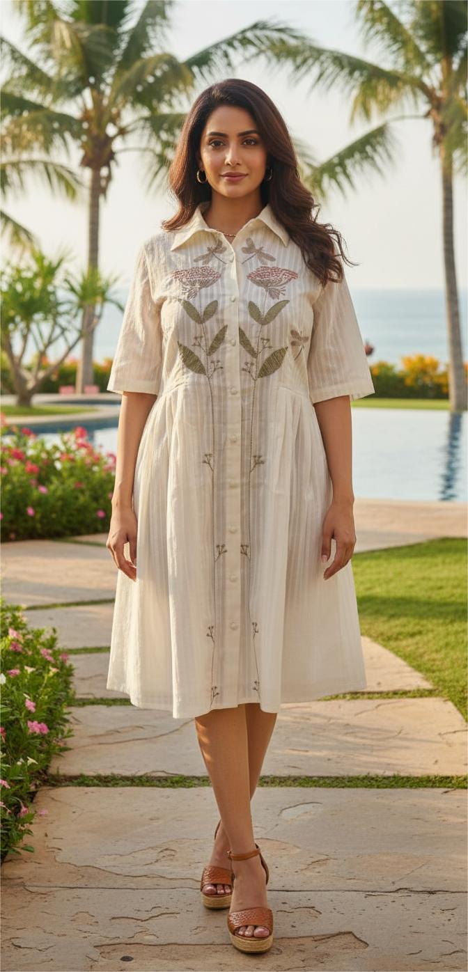 White Willow Embroidered Cotton Midi