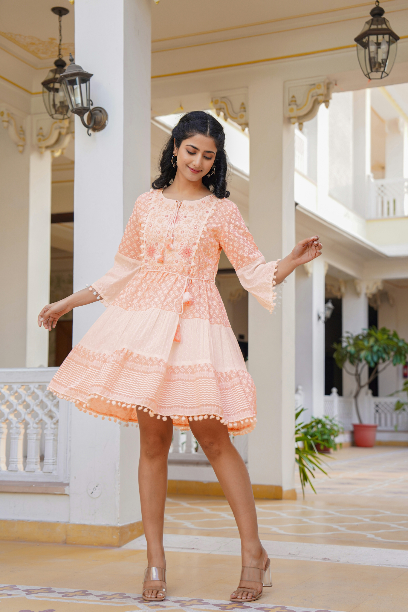 Peach Blossom Charm Cotton Embroidered Dress