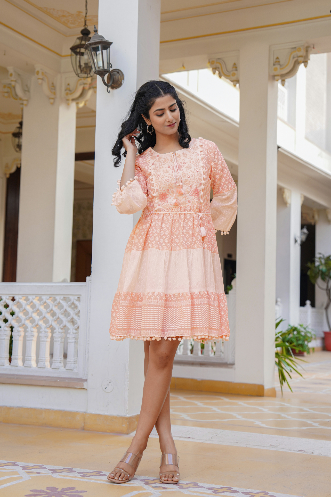 Peach Blossom Charm Cotton Embroidered Dress