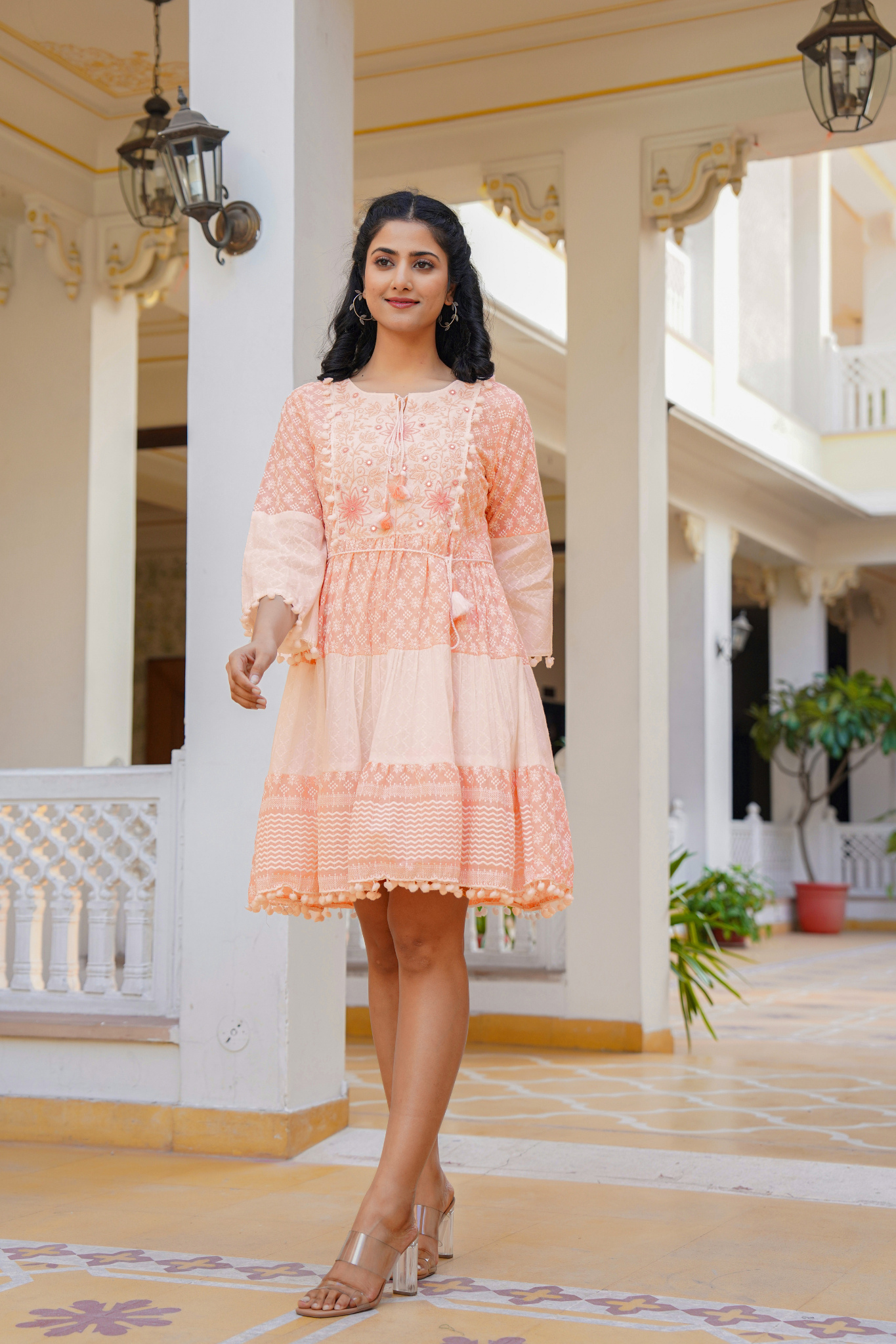 Peach Blossom Charm Cotton Embroidered Dress