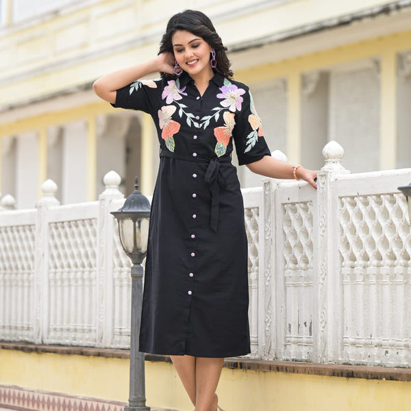 Midnight Garden Floral Embroidered Cotton Midi Dress