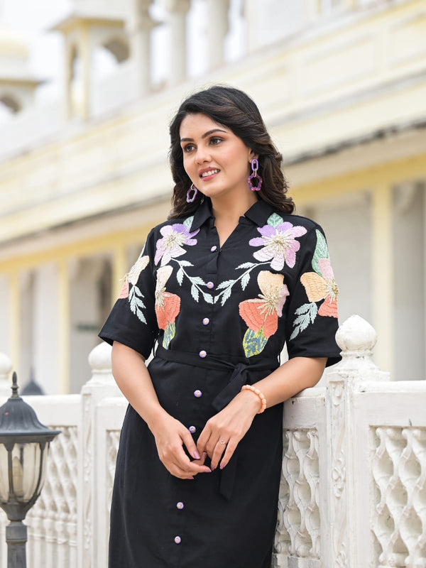 Midnight Garden Floral Embroidered Cotton Midi Dress