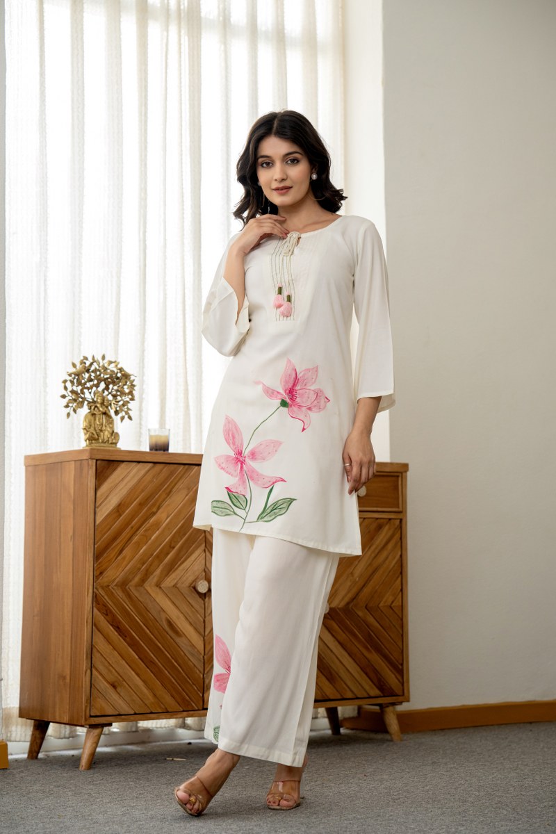 Floral Harmony Cotton Embroidered Co-Ord Set निवारा (NIVARA)