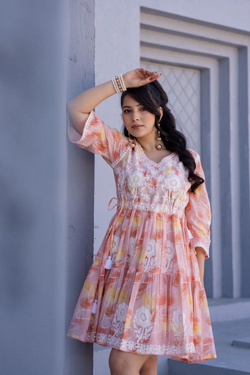 Peach Bloom Embroidered Pure Cotton Short Dress