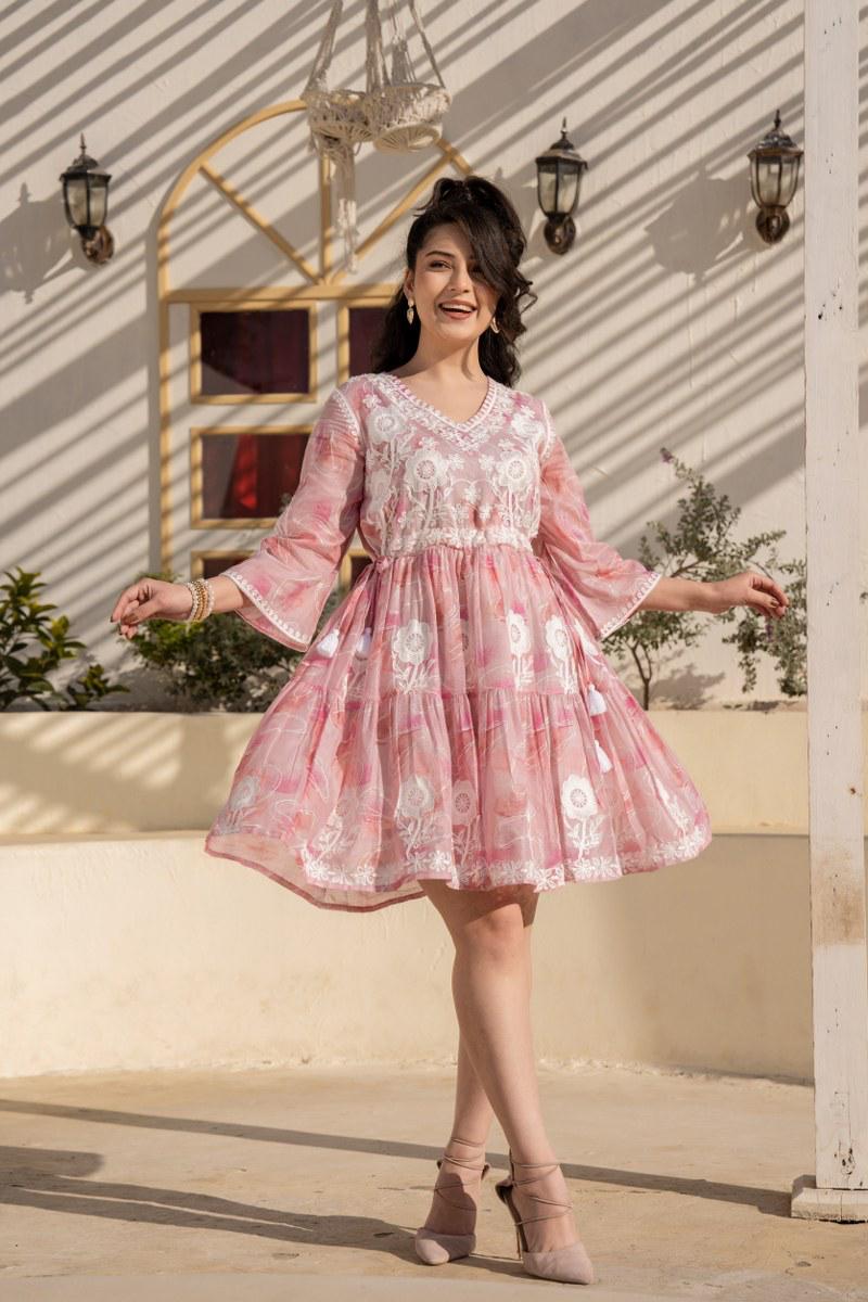 Rose Blush Embroidered Pure Cotton Short Dress