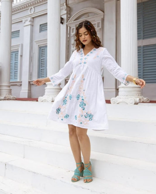 Serene Sky Embroidered Short Dress