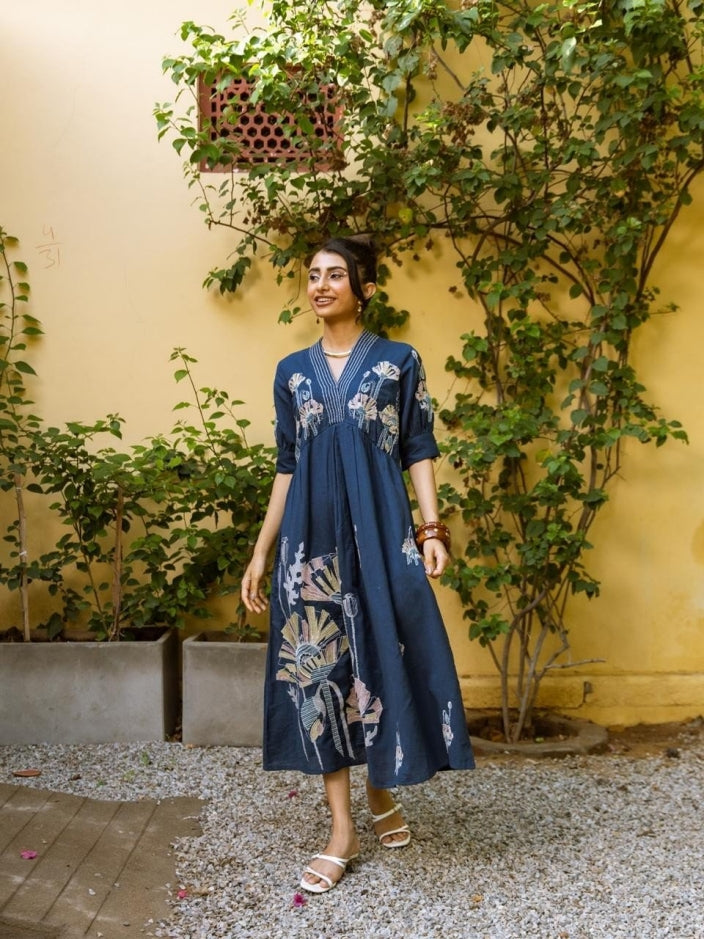 Midnight Garden Embroidered Cotton Maxi Dress