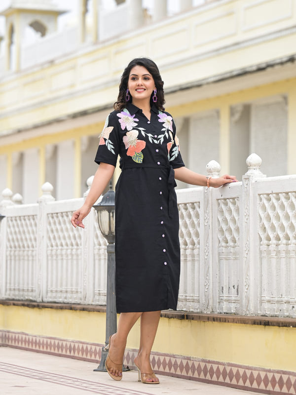 Midnight Garden Floral Embroidered Cotton Midi Dress