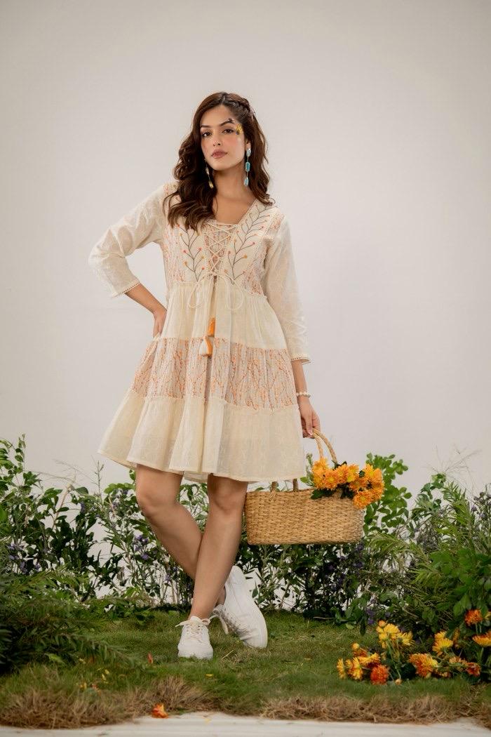 Ivory Meadow Embroidered Pure Cotton Short Dress