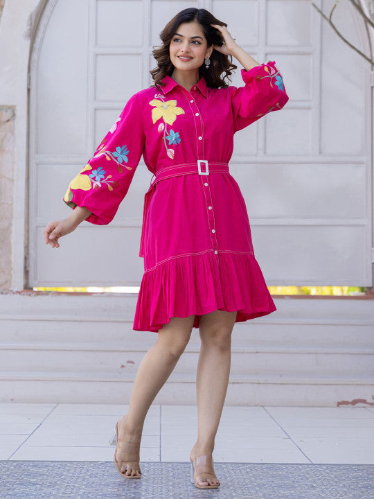 Fuchsia Charm Embroidered Short Dress