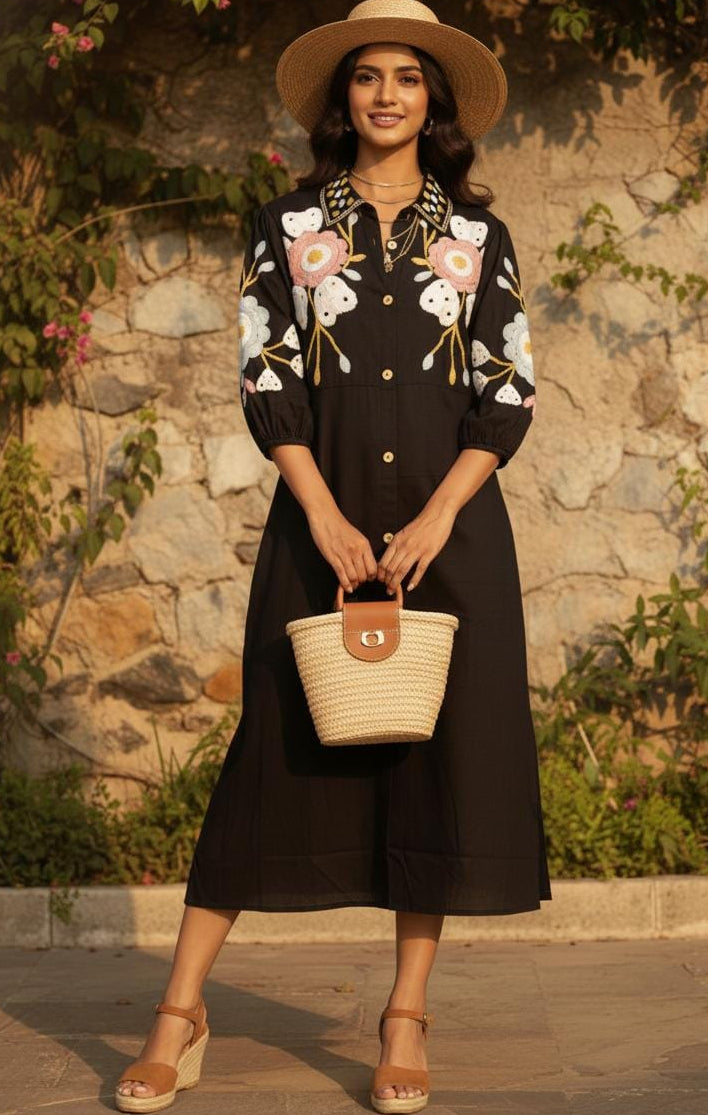 Noir Garden Luxe Embroidered Midi Dress