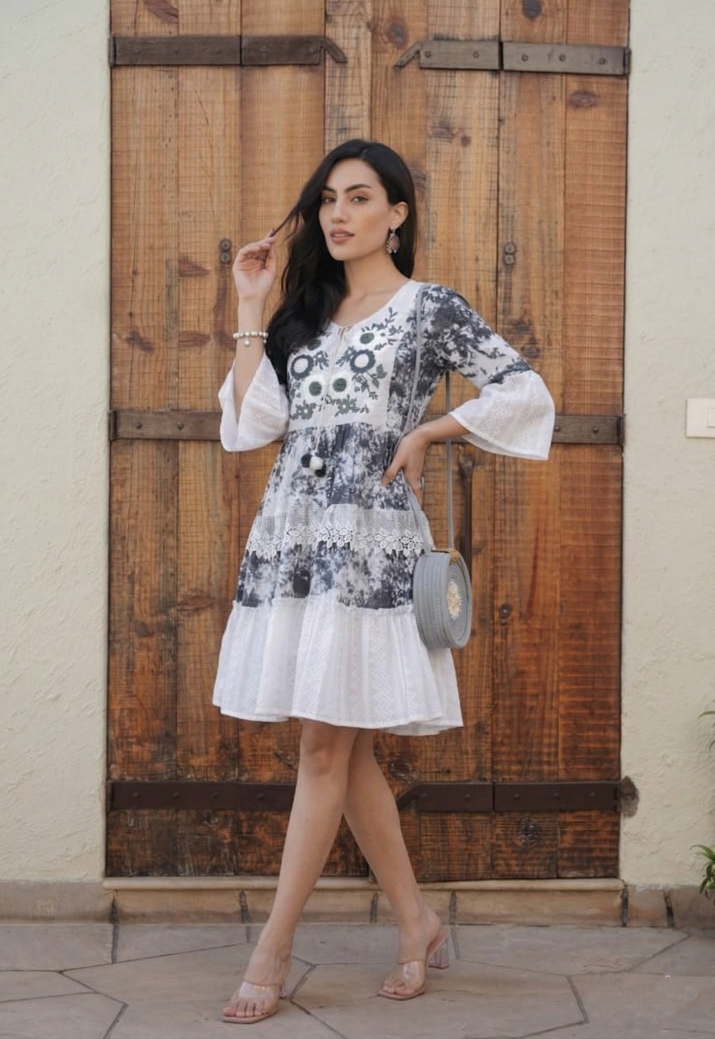 Charcoal Blossom Embroidered Short Dress