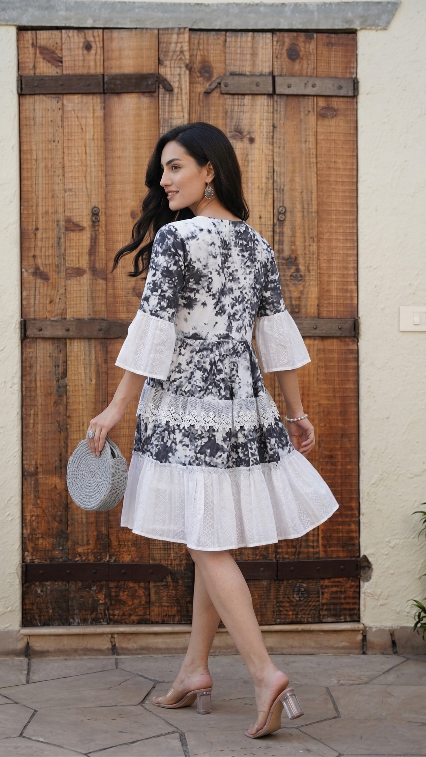 Charcoal Blossom Embroidered Short Dress