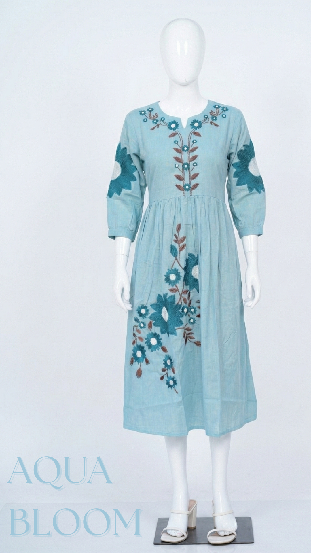 Aqua Bloom Hand-Embroidered Cotton Midi Dress