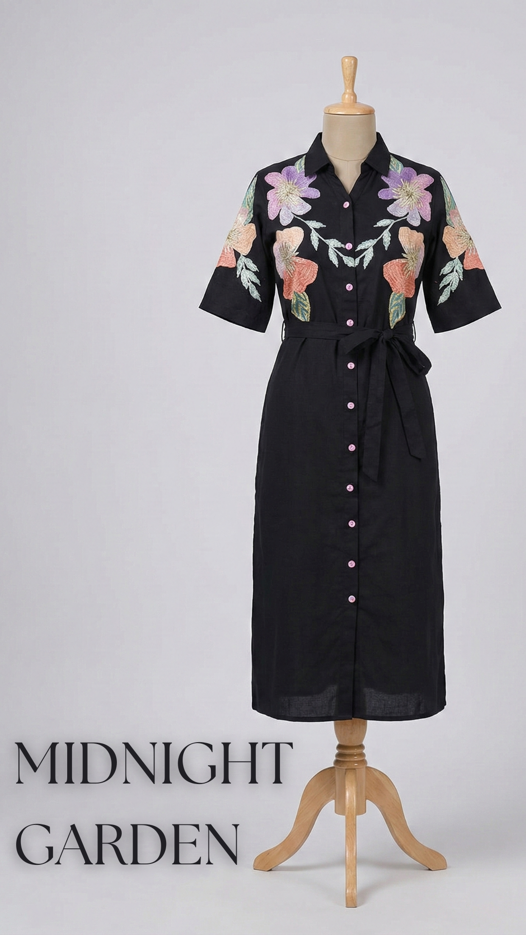 Midnight Garden Floral Embroidered Cotton Midi Dress