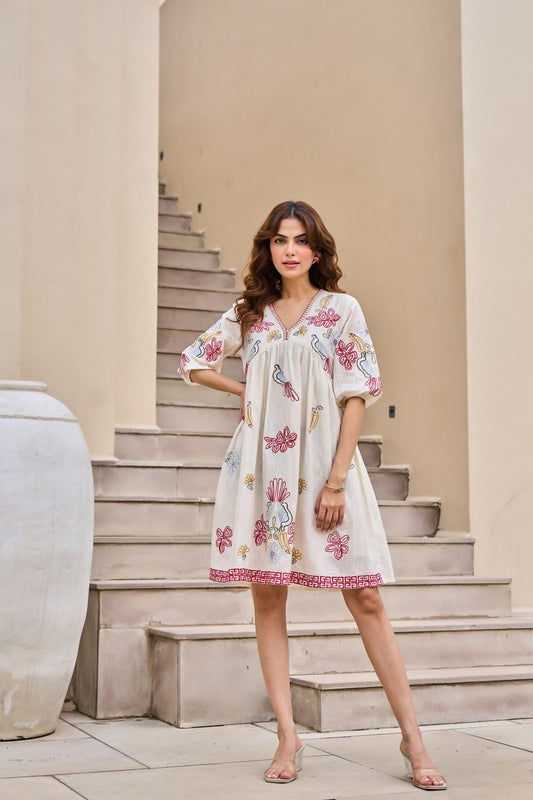 Avian Blossom Melody Cotton Embroidered Dress