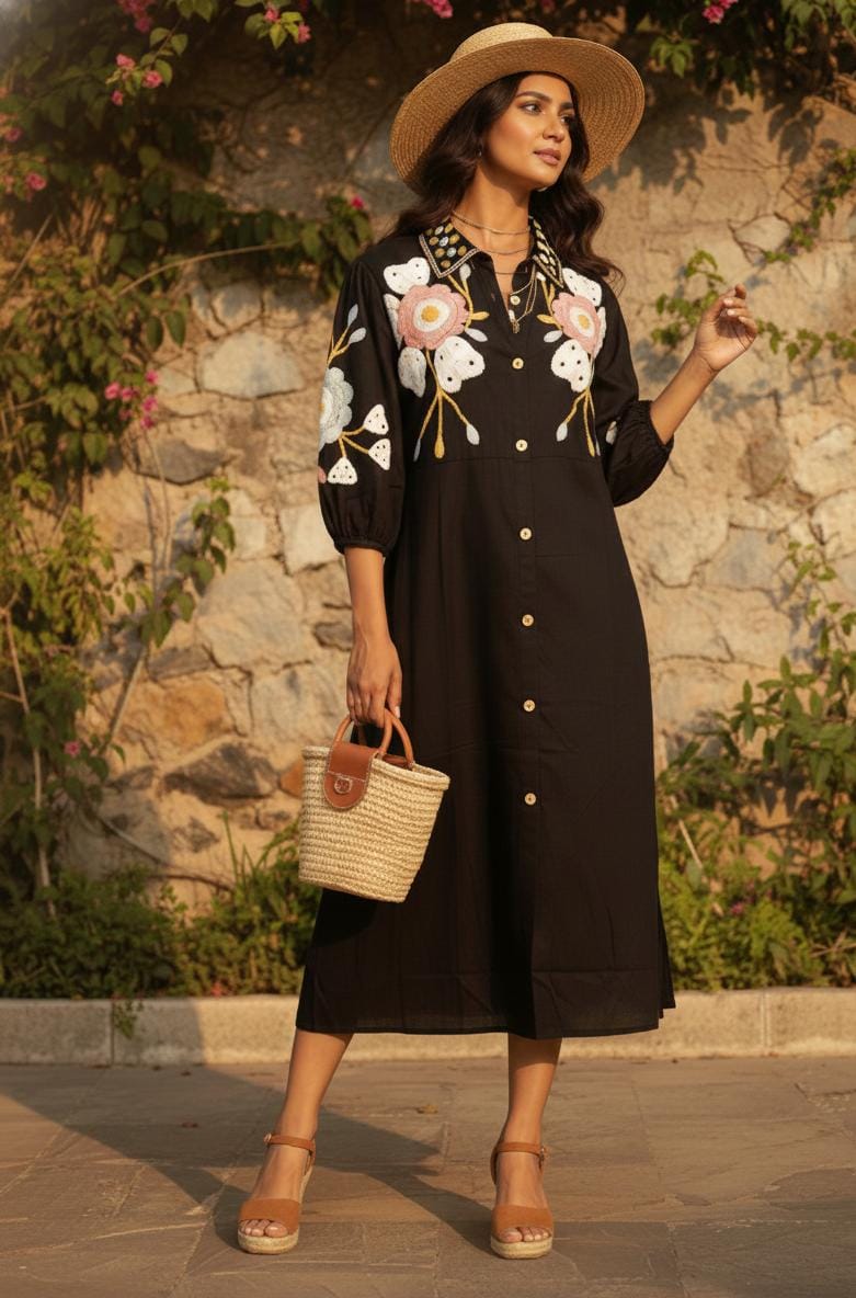 Noir Garden Luxe Embroidered Midi Dress