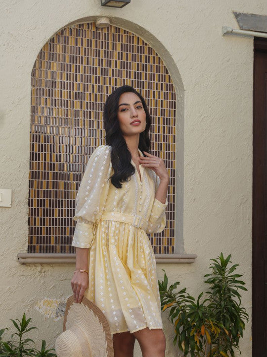 Marigold Whisper Cotton Embroidered Short Dress