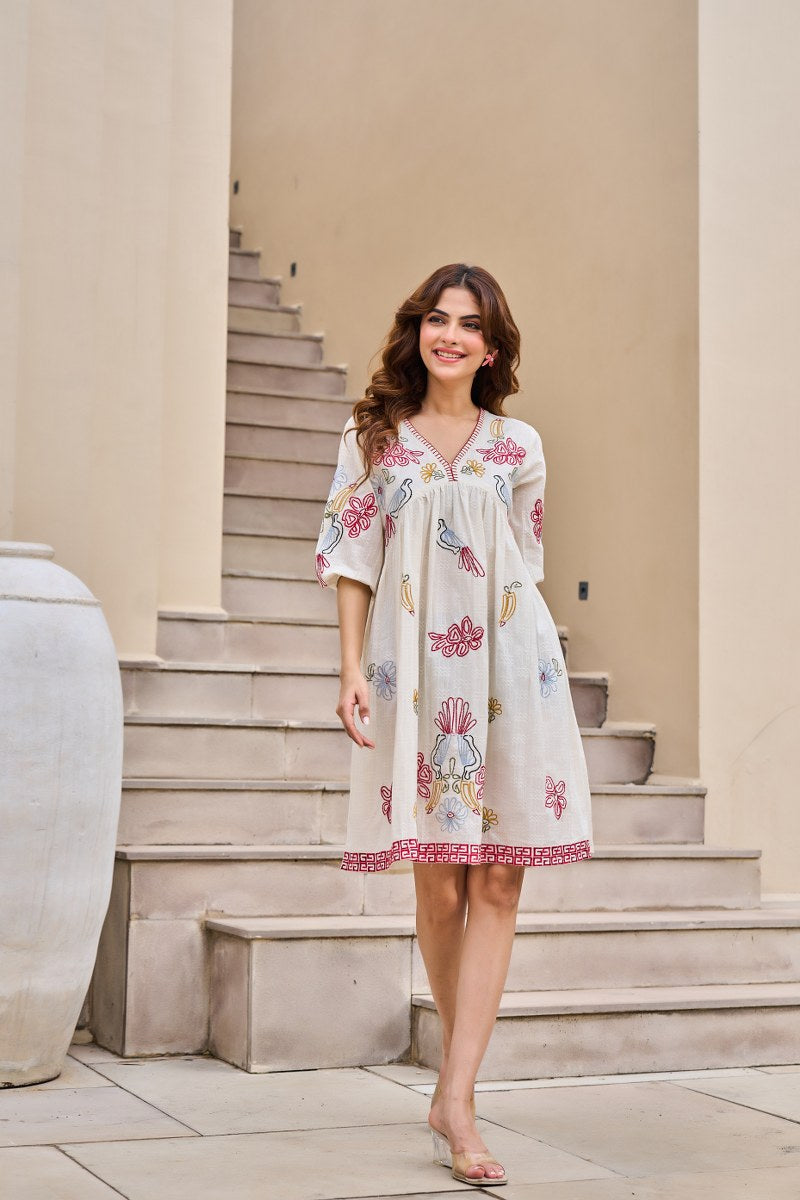 Avian Blossom Melody Cotton Embroidered Dress