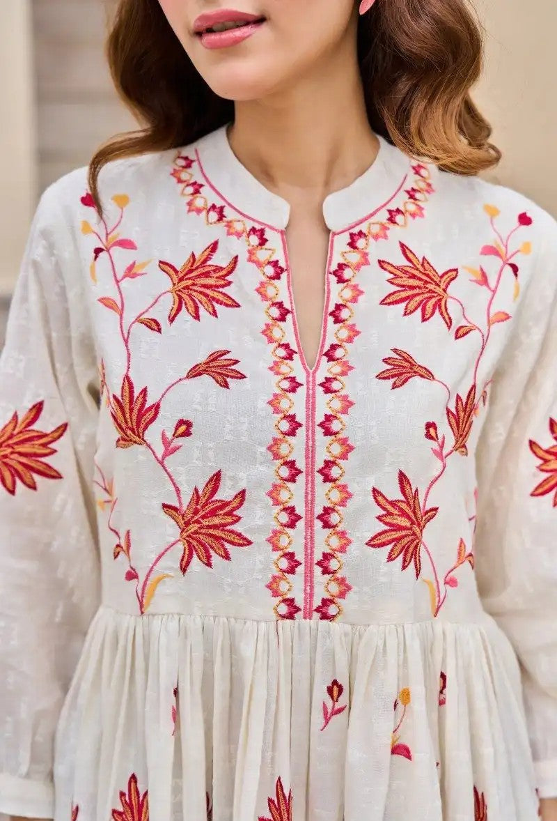 Crimson Petal Charm Cotton Embroidered Dress