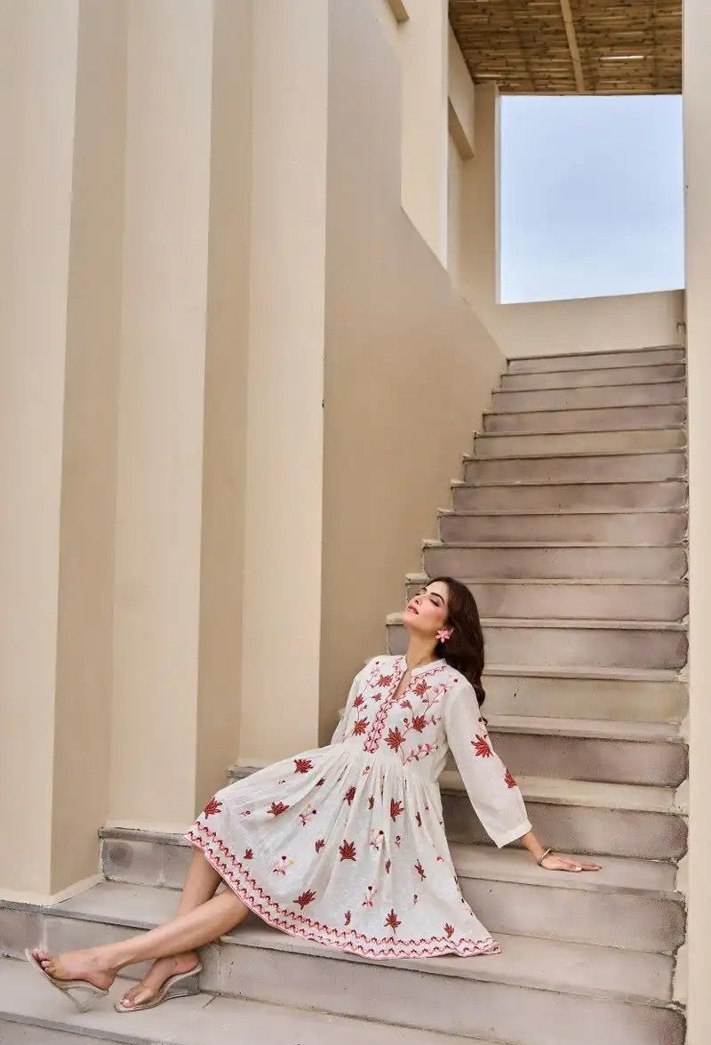 Crimson Petal Charm Cotton Embroidered Dress