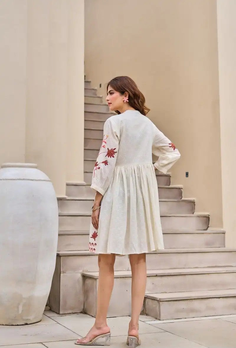 Crimson Petal Charm Cotton Embroidered Dress