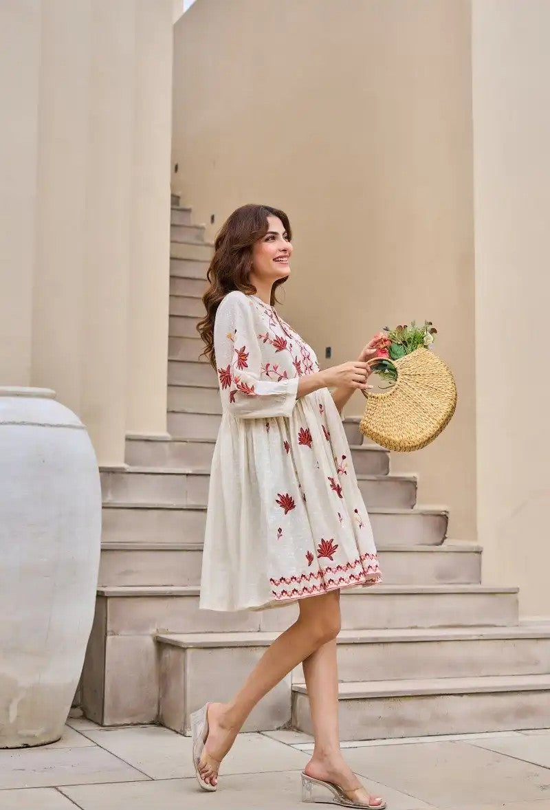 Crimson Petal Charm Cotton Embroidered Dress
