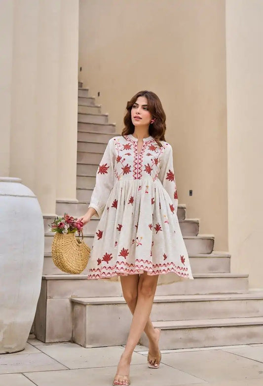 Crimson Petal Charm Cotton Embroidered Dress