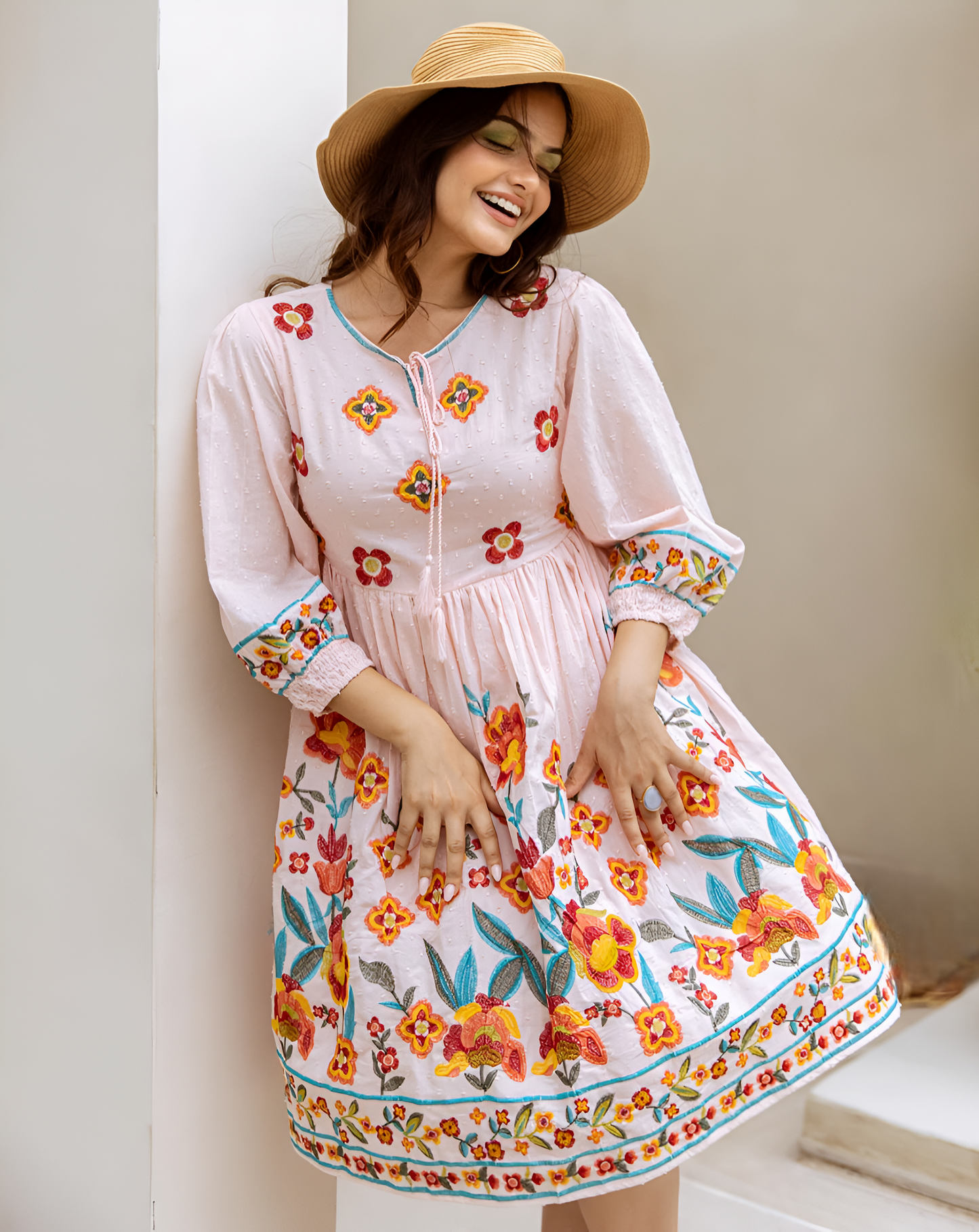 Sunny Blossoms: Light Pink Floral Embroidered Summer Dress