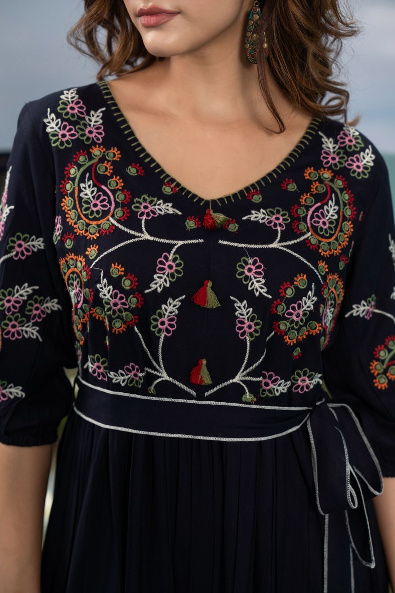 Midnight Reverie Cotton Embroidered Dress